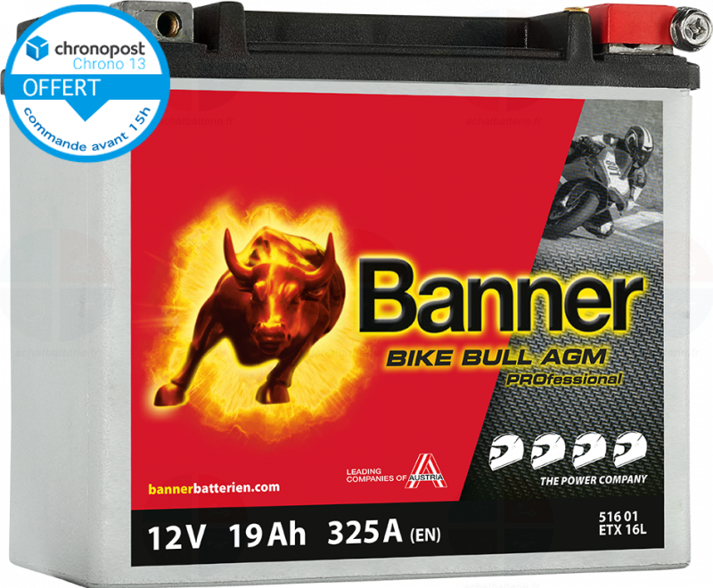 Batterie Moto BANNER ETX16L AGM 12v 19ah 325A Pro Bike Bull 51601