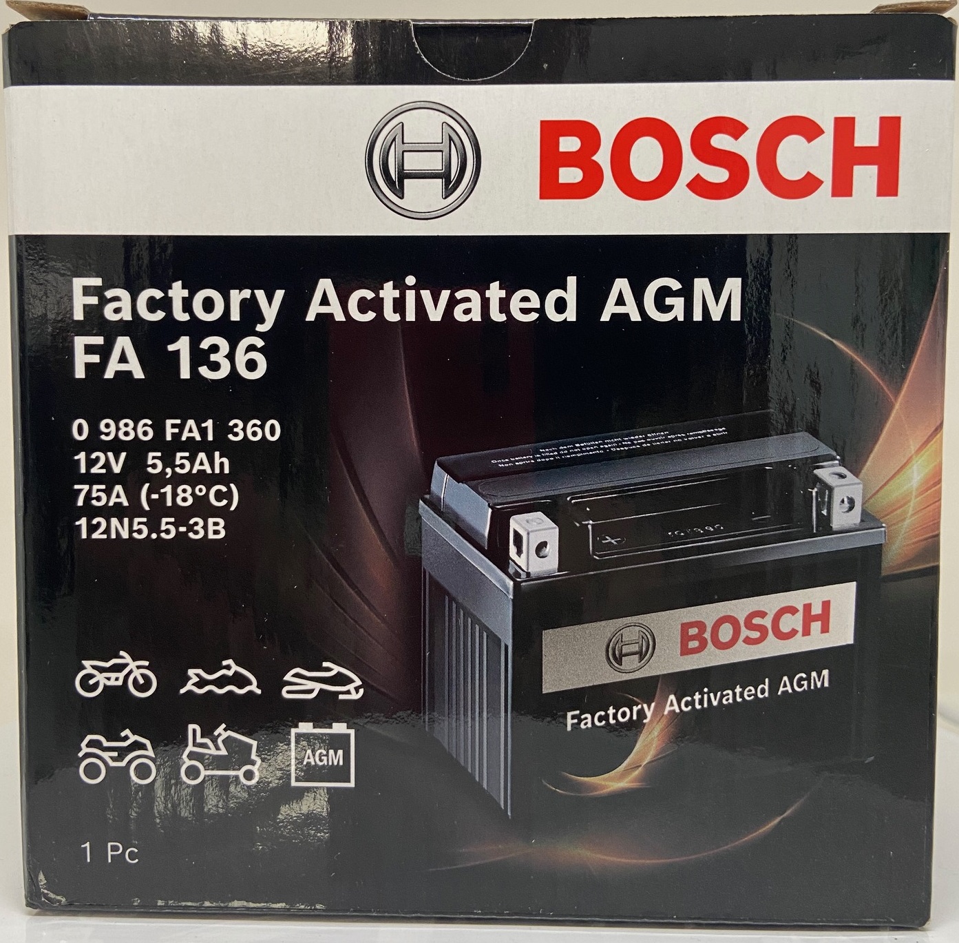 Batterie moto BOSCH FA136 AGM 12V 12N5.5-3B 5.5ah 75A