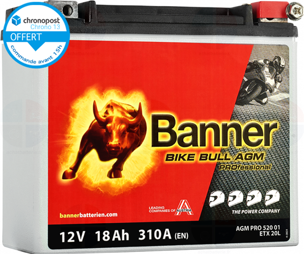 Batterie Moto BANNER ETX20L AGM 12v 18ah 310A Pro Bike Bull 52001