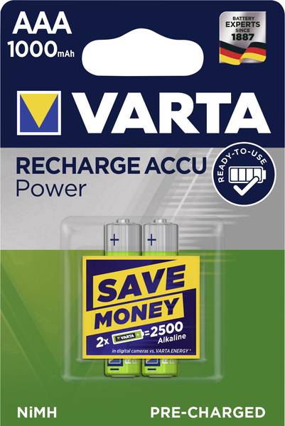 Piles Rechargeables / Accus - HR03 / AAA VARTA POWER 1.2V 1000mAh (x2) Nimh