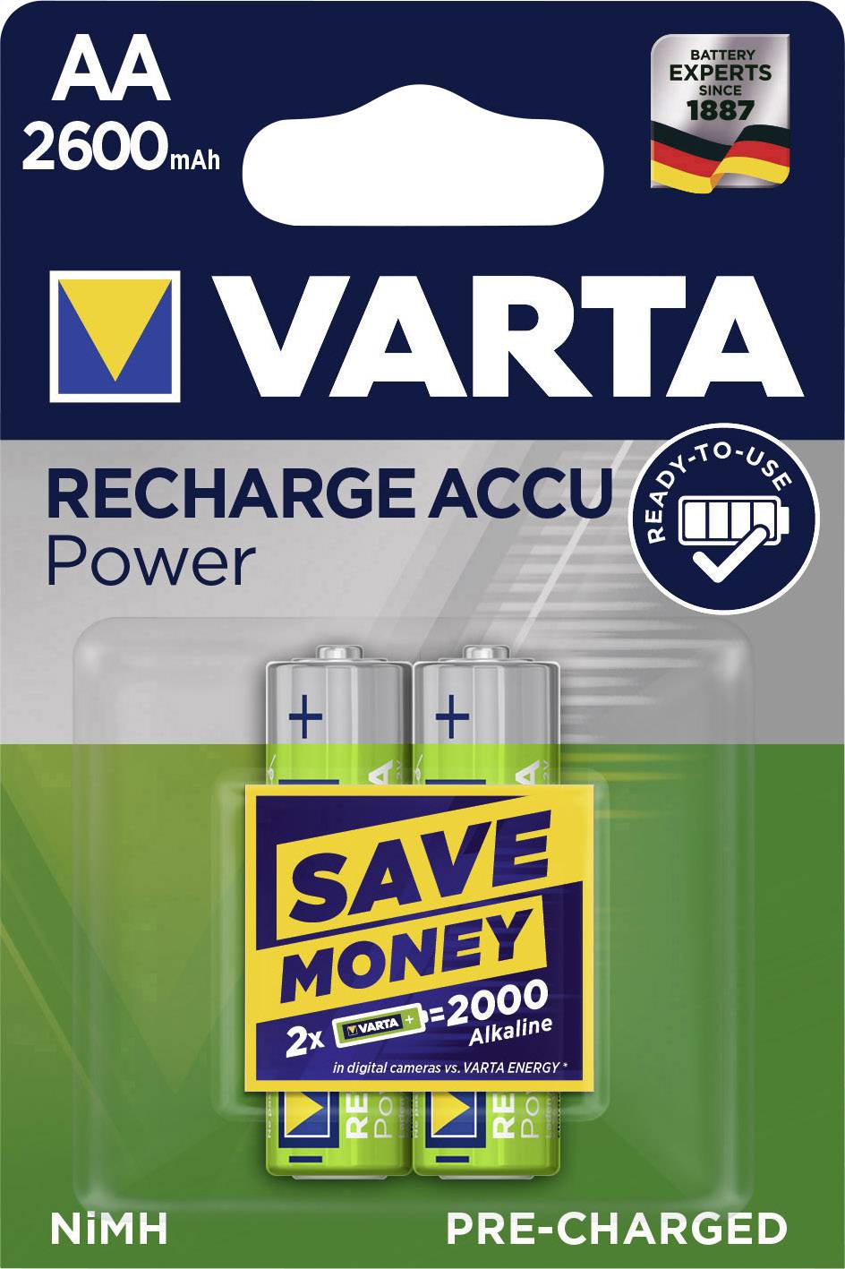Piles rechargeables / Accus - HR06 / AA VARTA POWER 1.2V 2600mAh (x2) Nimh
