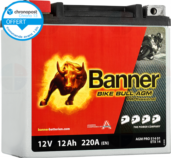 Batterie Moto BANNER ETX14 AGM 12V 12Ah 220A Pro Bike Bull 51401